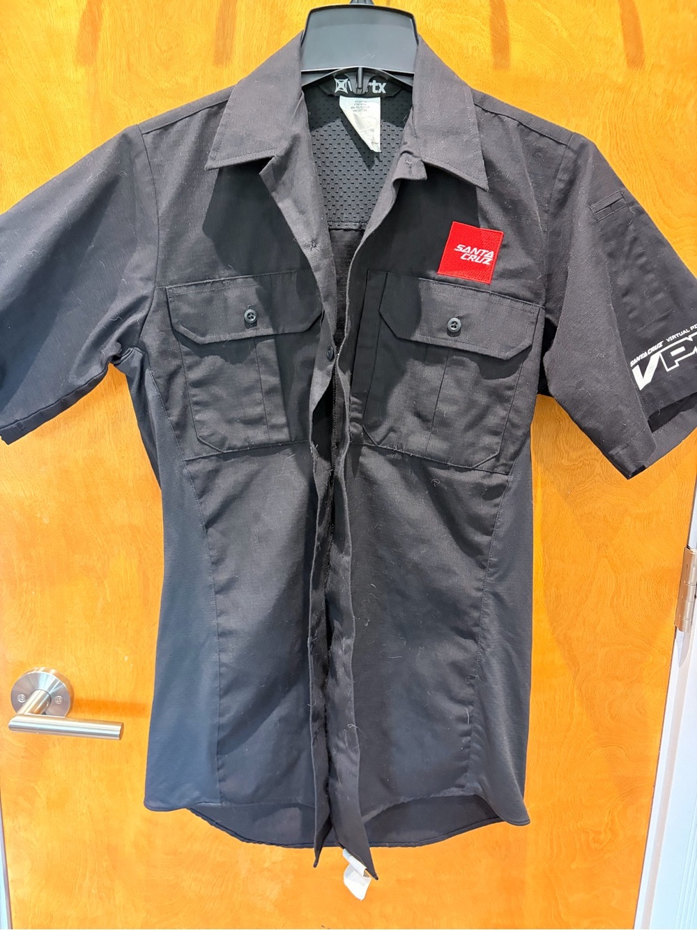 Santa Cruz Bikes Work Shirt with Red Patch Logo and Back Graphic Mens size Small